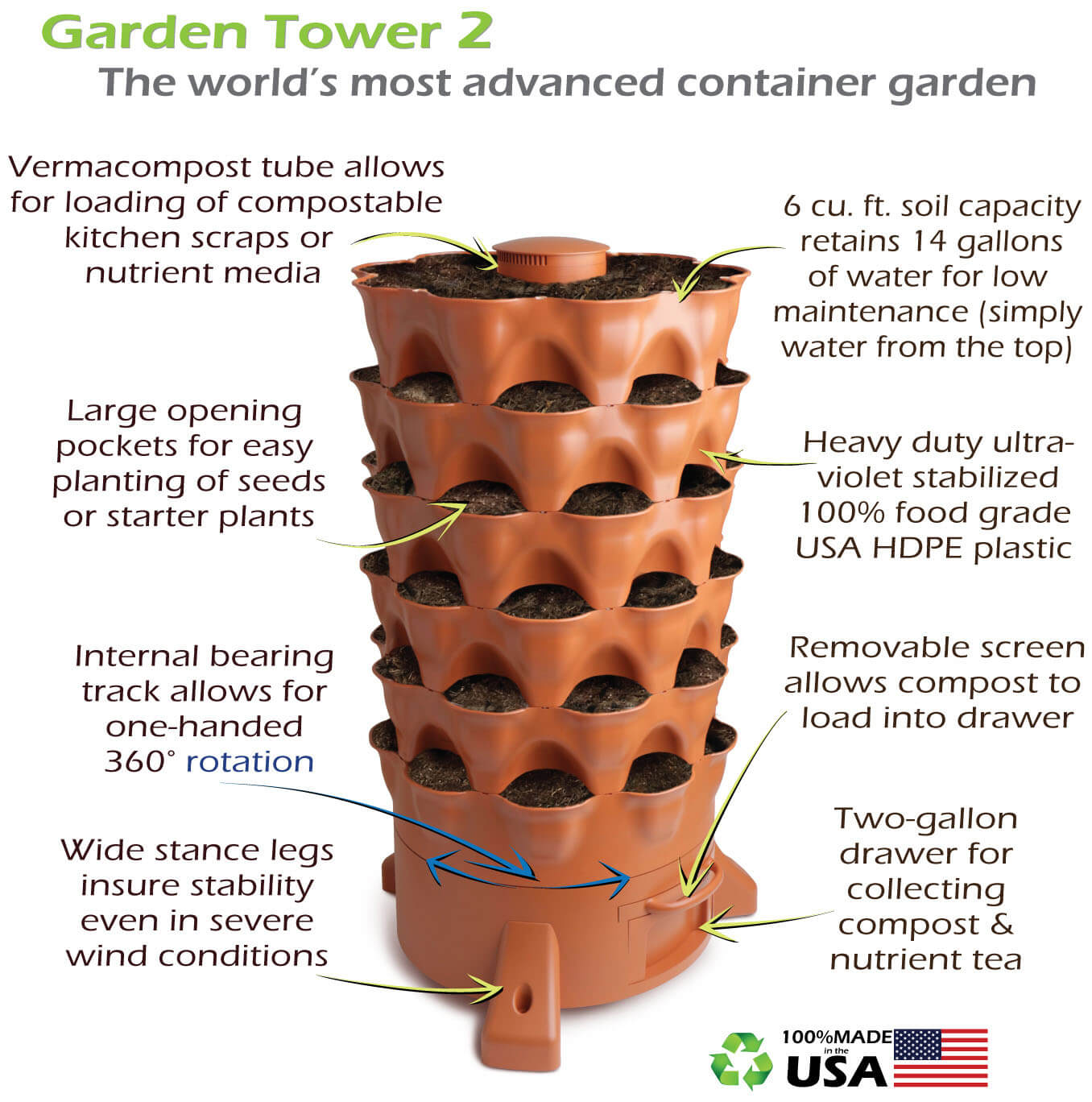 Garden Tower 2™, 50 - Plant Composting Vertical Garden Planter - Elm Dirt -