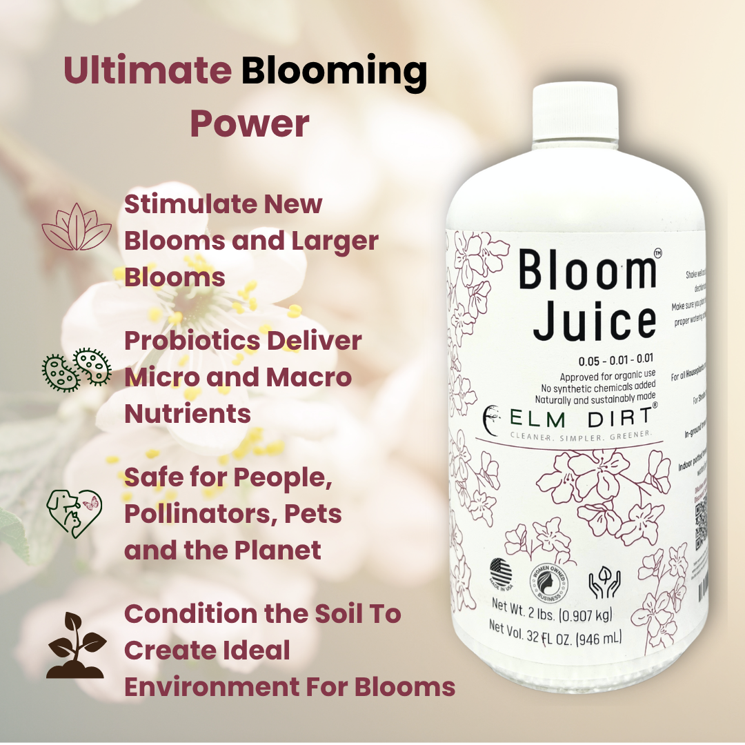 Bottle of Bloom Juice with benefits on a floral background