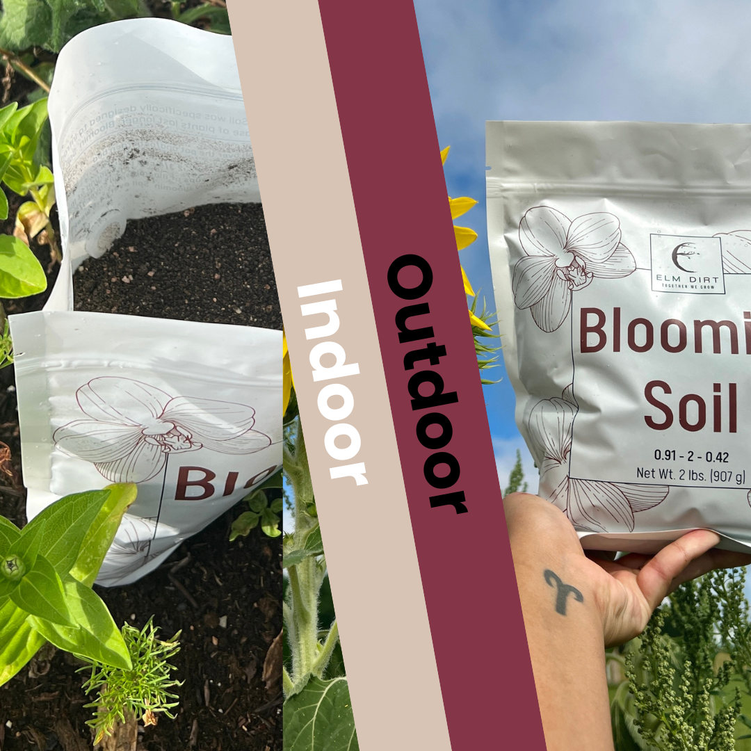 Two bags of soil labeled for 'Indoor' and 'Outdoor' use with plants in the background.