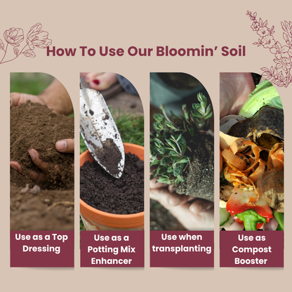 Instructions on how to use bloomin' soil with images and text.